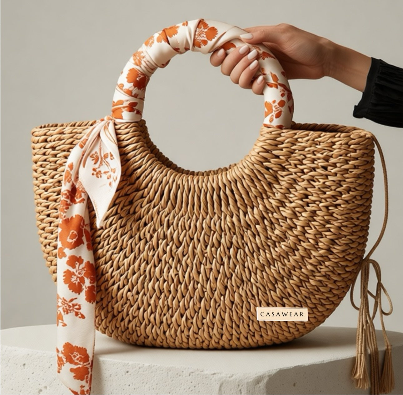 Solstice Weaver - Custom Made-to-Order Boho Purse | Woven Straw Handbag with Floral Handle